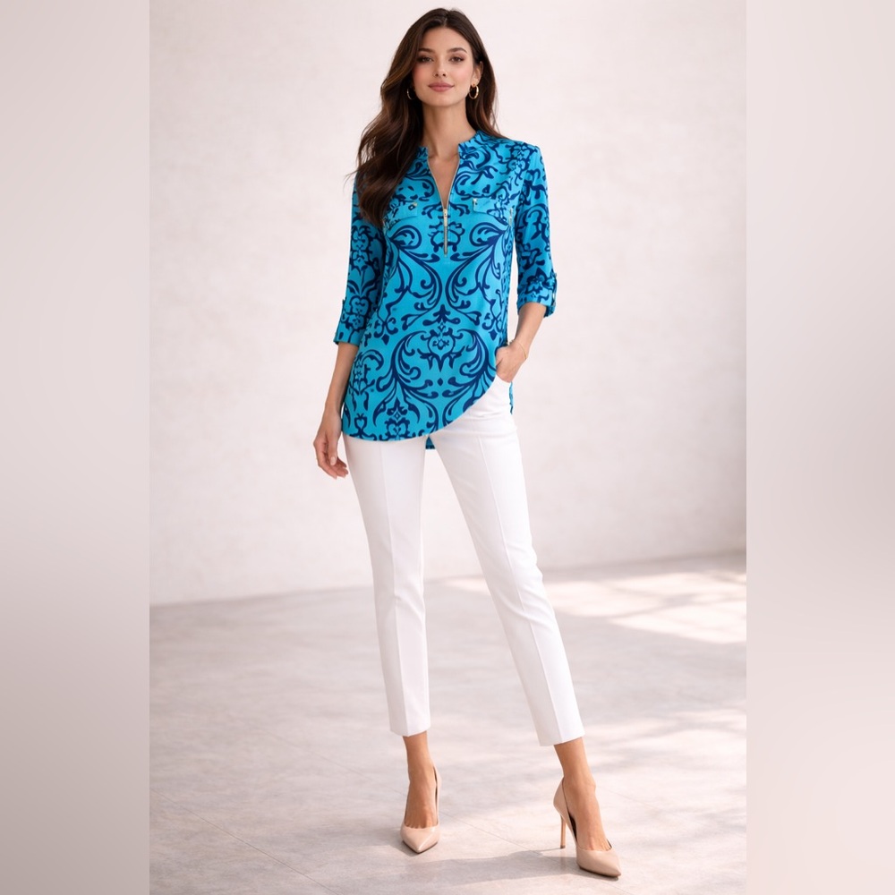 BEPEI Womens Floral 3/4 Sleeve Shirts Zip up V Neck Size M